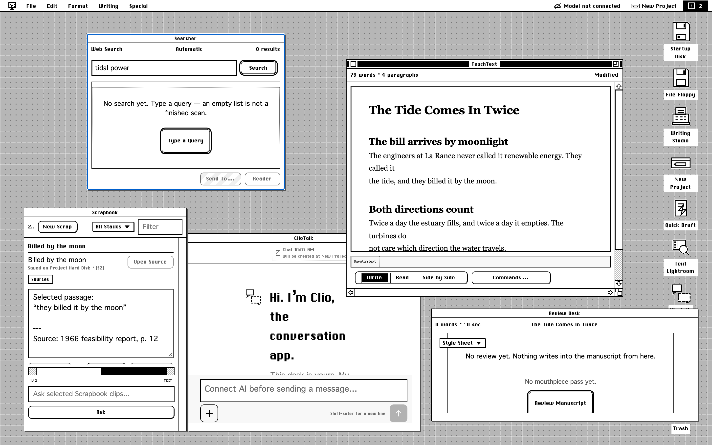 Poster frame: the AI System 6 desktop with Searcher, Reader, DocMap, and ClioTalk windows open.