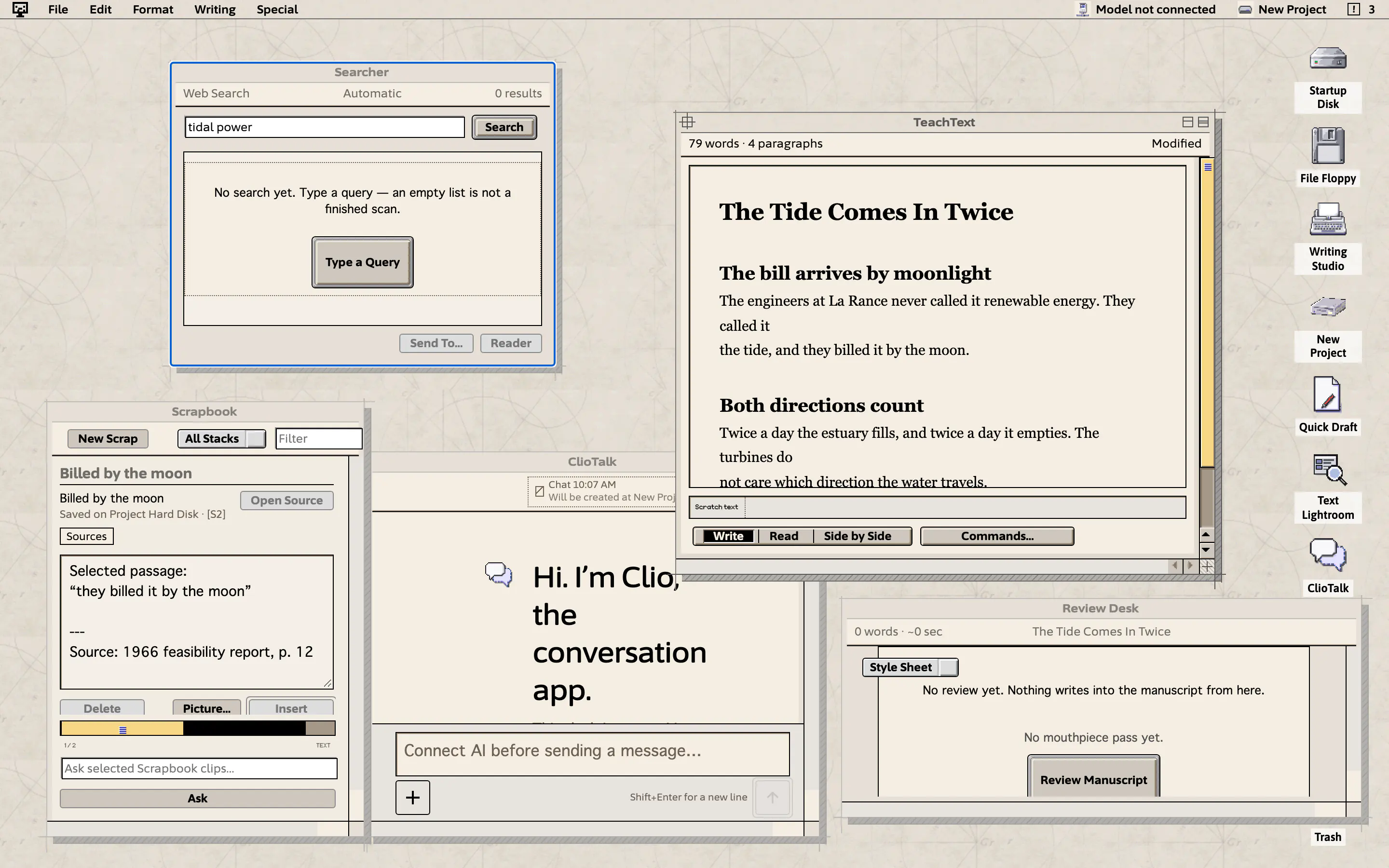 The same AI System 6 desk in the Drawing Board appearance: pencil-line window frames on drafting paper, Platinum controls underneath, and the same manuscript and disks in place.