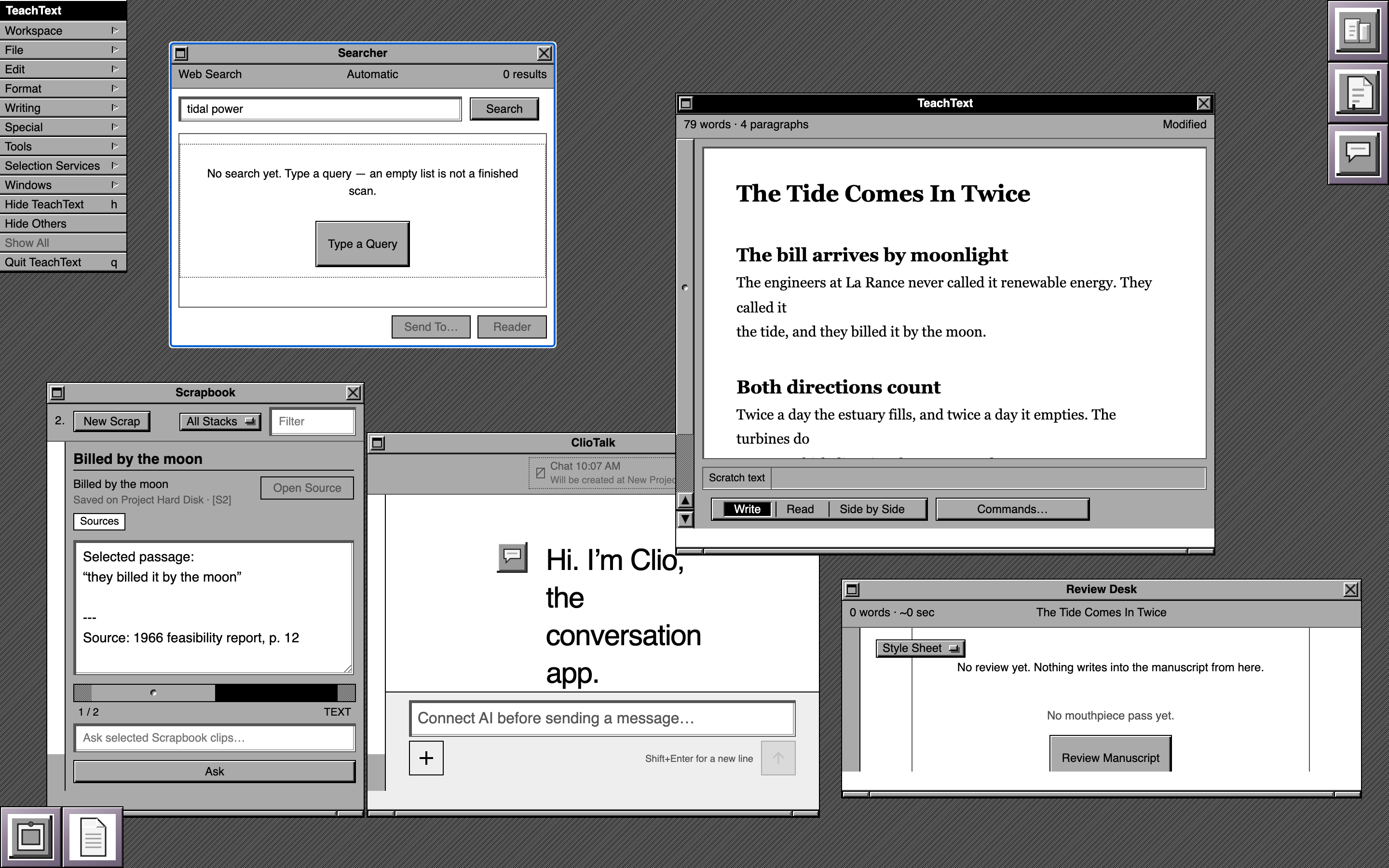 The same AI System 6 desk in the NeXTSTEP appearance: the main menu in the top-left corner, gray beveled windows with black title bars, and the Dock down the right edge.