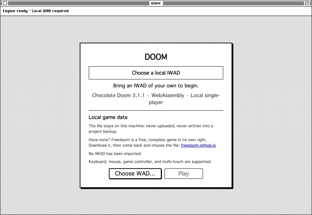 The DOOM window asking for a local IWAD: choose a file you own, it never leaves this browser.