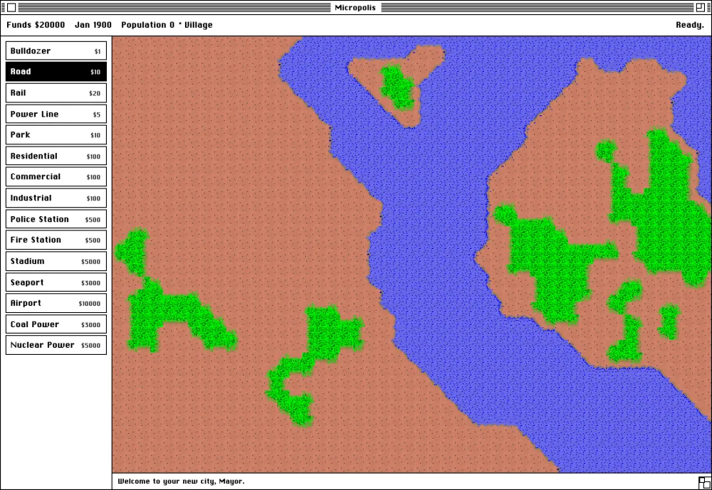Micropolis running in an AI System 6 window: the classic tool palette beside a freshly generated river map, with the status line Welcome to your new city, Mayor.